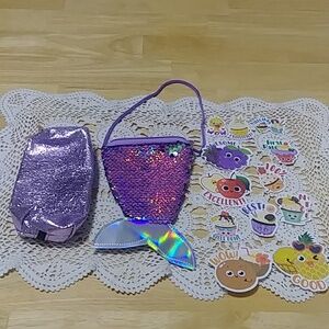 Girl's mini purse bundle, pink and purple. Mermaid tail, Stickers